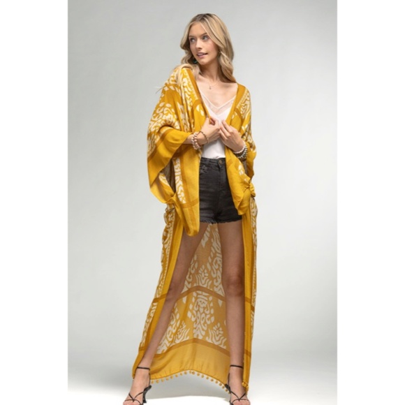 SOLD OUT Mustard Yellow Damask Print Pompom Trim Bohemian Kimono Wrap Coverup - Picture 2 of 4